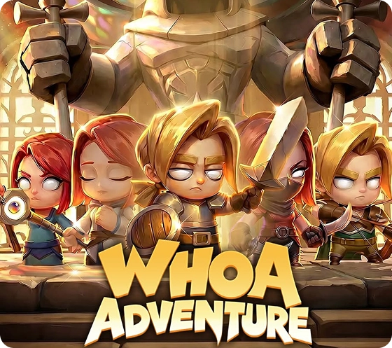 Immagine promozionale del gioco “Whoa Adventure” con un gruppo di personaggi fantasy sullo sfondo di una grande statua di pietra