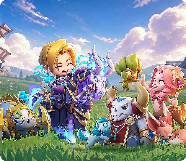 Personaggi del gioco con una collezione di animali domestici magici e creature da cavalcata su un prato verde